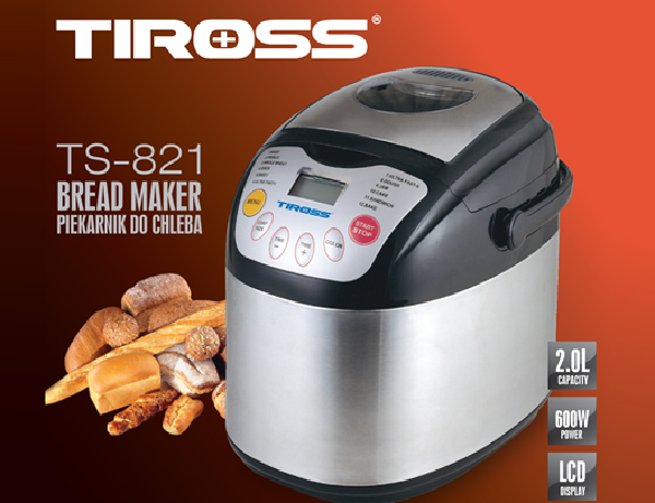 Máy làm bánh mì Tiross 821 với thiết kế nhỏ gọn, hiện đại